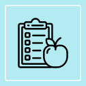 Checklist and apple on light blue background.