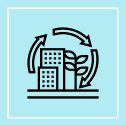 Buildings and plant with recycling arrows icon.