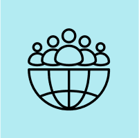 Globe with people icons on blue background.